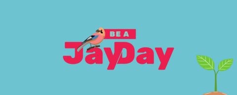 Be a Jay Day pink logo on a blue background