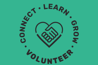 connect learn grow volunteer in a circle with a green background and holding hands in a heart shape in the middle