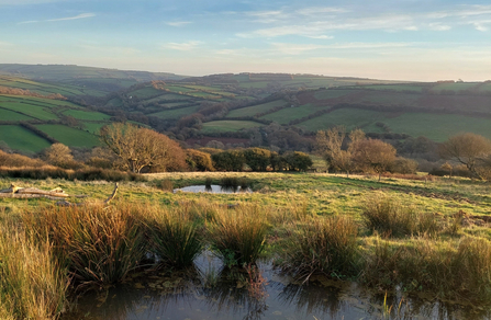 A view of Exmoor with fields and hills in the background and ponds in the foreground