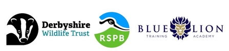 Derbyshire Wildlife Trust, RSPB, and Blue Lion Training Academy logos