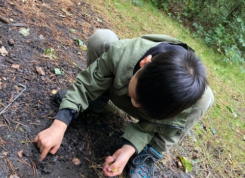 a child burying an acorn in soil